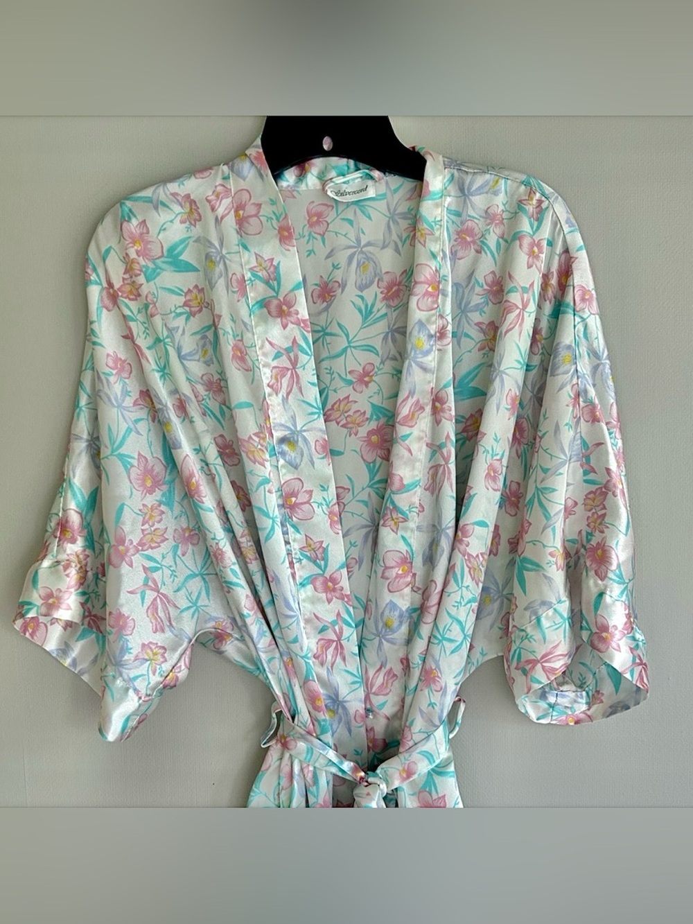 Vintage Pastel Botanical Satin Kimono Robe Cottagecore Whimsy Romantic Bridal OS - Picture 4 of 12